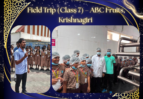 Students of Class - 7 visited ABC Fruits, a leading manufacturer and exporter of fruit pulp, purees and concentrates. The visit provided them with valuable exposure to fruit processing, quality control, packaging and industrial operations. It was an enriching and insightful experience that helped students connect classroom learning with real-world applications.